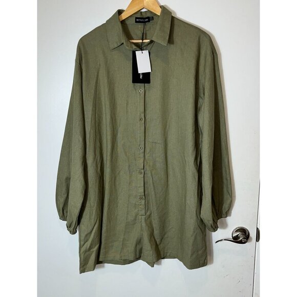 NWT PrettyLittleThing Khaki Linen Look Oversized Long Sleeve Playsuit Size 12 - Picture 4 of 13